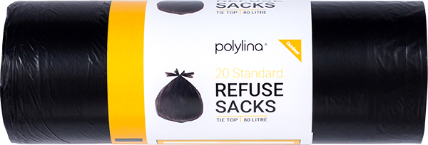 Polylina provide 80 litre black refuse sacks with tie-top closure style